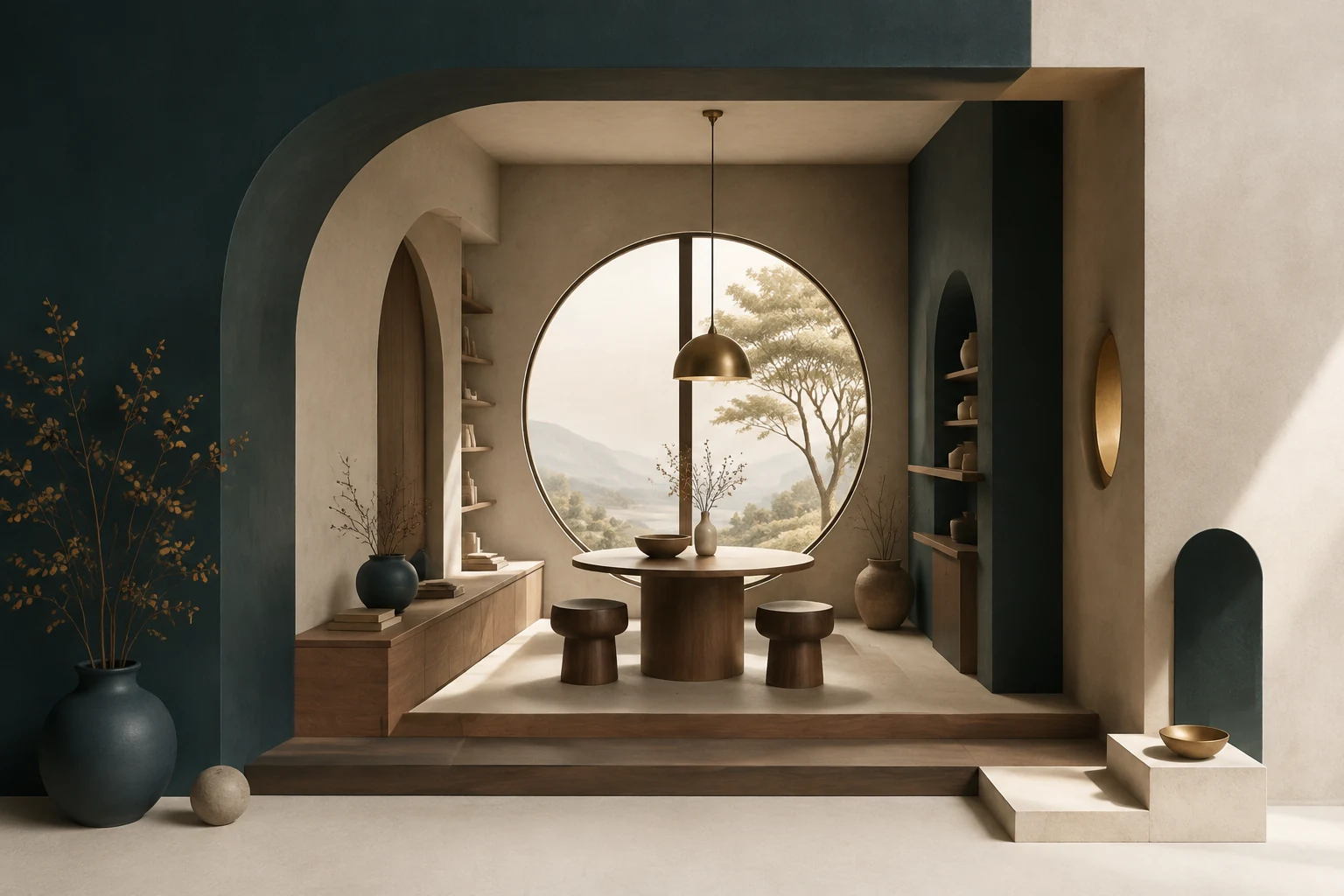 An interior study with a small table and an open center